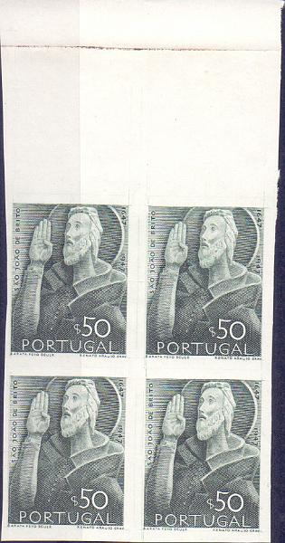 0584.jpg -     Lote:    584            Portugal       Descrição:         1948 &mdash; 3.º Centenário do Nascimento de S. João de Deus. CE692, $50. Quadra de provas de artista, bordo de folha, em verde-escuro, não denteadas, em papel porcelana, impressa a talhe doce.         PRV       Valor Base:     &euro; 20,00     Valor Venda:     &euro; 20,00     