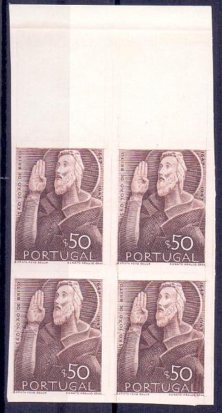0586.jpg -     Lote:    586            Portugal       Descrição:         1948 &mdash; 3.º Centenário do Nascimento de S. João de Deus. CE692, $50. Quadra de provas de artista, bordo de folha, em castanho-violeta, não denteadas, em papel porcelana, impressa a talhe doce.         PRV       Valor Base:     &euro; 20,00     Valor Venda:     &euro; 20,00     