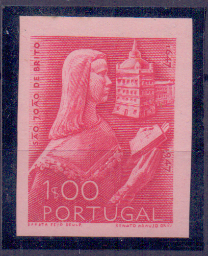 0589.jpg -     Lote:    589            Portugal       Descrição:         1948 &mdash; 3.º Centenário de João de Deus. CE693, 1$00. Prova de cor em vermelho sobre papel rosa.        PRV       Valor Base:     &euro; 12,00     Valor Venda:     &euro; 12,00     