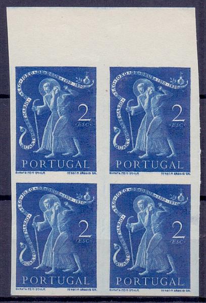 0594.jpg -     Lote:    594            Portugal       Descrição:         1950 &mdash; 4.º Centenário da Morte de S. João de Deus. CE757, 2$00 azul. Quadra de provas de cor (cor aprovada), não denteada, canto de folha, papel liso, impressas a talhe doce. MB e MR.           PRV       Valor Base:     &euro; 20,00     Valor Venda:     &euro; 20,00     