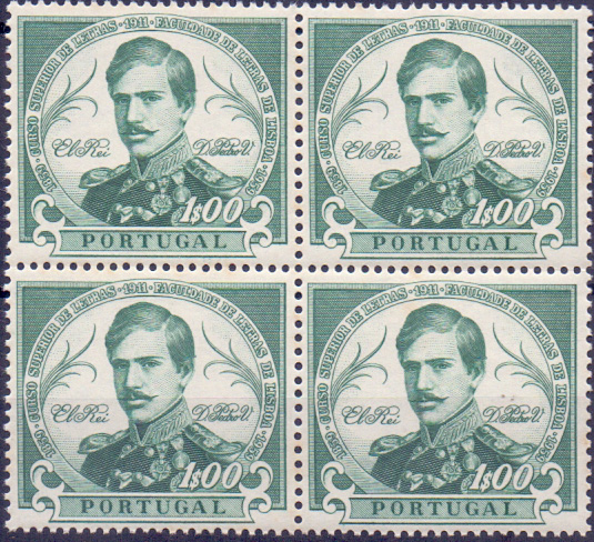 0597.jpg -     Lote:    597            Portugal       Descrição:         1961 &mdash; 1.º Centenário da Fundação da Faculdade de Letras da Universidade de Lisboa. CE874, 1$00. Quadra de provas de cor em verde, denteadas, sem goma. Cor não aprovada. MB e MR.        PRV       Valor Base:     &euro; 20,00     Valor Venda:     &euro; 20,00     