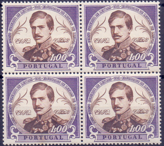 0598.jpg -     Lote:    598            Portugal       Descrição:         1961 &mdash; 1.º Centenário da Fundação da Faculdade de Letras da Universidade de Lisboa. CE874, 1$00. Quadra de provas de cor em violeta e castanho, denteadas, sem goma. Cor não aprovada. MB e MR.        PRV       Valor Base:     &euro; 20,00     Valor Venda:     &euro; 32,00     