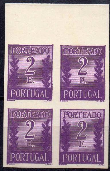 0614.jpg -     Lote:    614            Portugal       Descrição:         1940 &mdash; Porteado * Algarismo ladeado de ramos. C63, 2E. Quadra bordo de folha de provas não denteadas, em papel cartolina, em lilás escuro, cor aprovada para este valor.        PRV       Valor Base:     &euro; 10,00     Valor Venda:     Retirado     