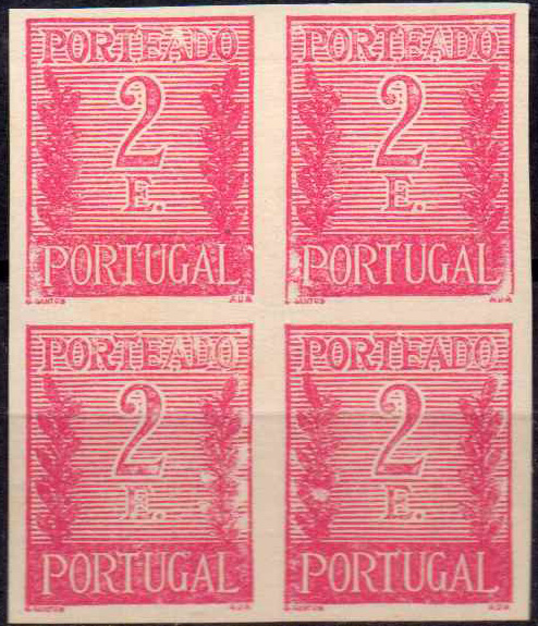 0615.jpg -     Lote:    615            Portugal       Descrição:         1940 &mdash; Porteado * Algarismo ladeado de ramos. C63, 2E. Quadra de provas não denteadas, em papel liso amarelado, em rosa escuro, cor não aprovada para este valor.        PRV       Valor Base:     &euro; 10,00     Valor Venda:     Retirado     