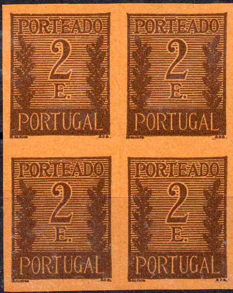0616.jpg -     Lote:    616            Portugal       Descrição:         1940 &mdash; Porteado * Algarismo ladeado de ramos. C63, 2E. Quadra de provas não denteadas, em papel porcelana colorido, em castanho s/ laranja, cor aprovada para este valor.        PRV       Valor Base:     &euro; 10,00     Valor Venda:     Retirado     