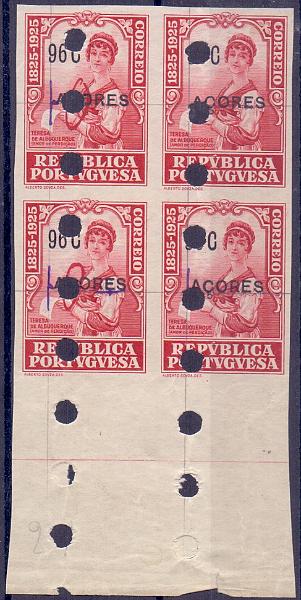 0621.jpg -     Lote:    621            Açores       Descrição:         1925 &mdash; Centenário de Camilo Castelo Branco, com sobrecarga AÇORES. CE234, 96c. Quadra de provas não denteadas nas cores aprovadas, com furos de segurança da casa impressora,        PRV       Valor Base:     &euro; 15,00     Valor Venda:     Retirado     