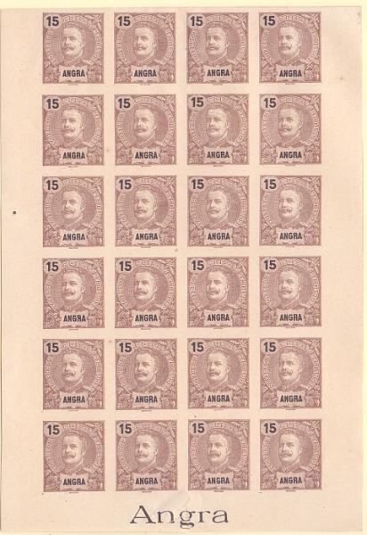 0622.jpg -     Lote:    622            Açores       Descrição:         1897 &mdash; D. Carlos I Mouchon. CE16, 15 reis. Bloco com 24 provas não denteadas em castanho (cor aprovada para esta taxa) em papel amarelado, não gomadas. MB e R.        PRV       Valor Base:     &euro; 40,00     Valor Venda:     &euro; 48,00     
