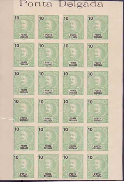 0624.jpg -     Lote:    624            Açores       Descrição:         1897 &mdash; D. Carlos I Mouchon. CE15, 10 reis. Bloco com 24 provas não denteadas em verde amarelo (cor aprovada para esta taxa) em papel amarelado, não gomadas. MB e R.        PRV       Valor Base:     &euro; 40,00     Valor Venda:     &euro; 46,00     