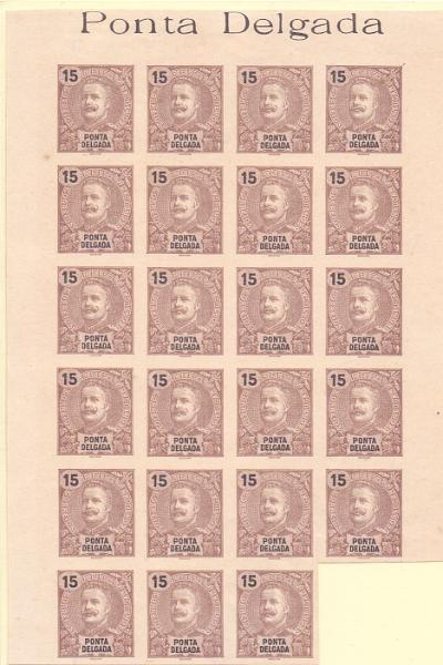 0625.jpg -     Lote:    625            Açores       Descrição:         1897 &mdash; D. Carlos I Mouchon. CE16, 15 reis. Bloco com 23 provas não denteadas em castanho (cor aprovada para esta taxa) em papel amarelado, não gomadas. MB e R.        PRV       Valor Base:     &euro; 40,00     Valor Venda:     Retirado     