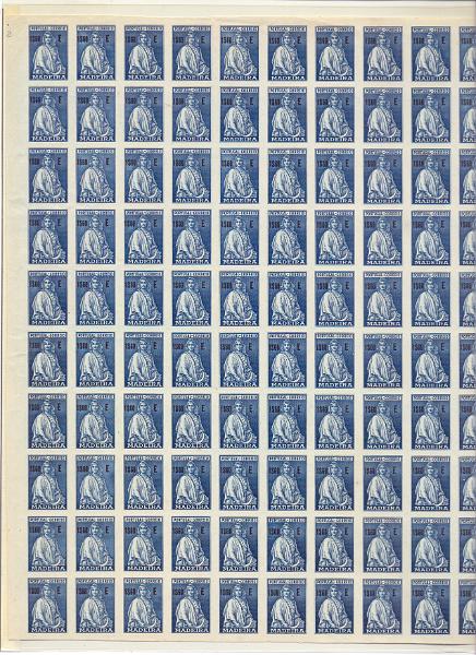 0626.jpg -     Lote:    626            Madeira       Descrição:         1929 &mdash; Ceres tipo Perkins Bacon. CE57, 1$60. Folha completa com 100 provas não denteadas em azul escuro (cor aprovada para esta taxa). B e MR.        PRV       Valor Base:     &euro; 50,00     Valor Venda:     &euro; 360,00     
