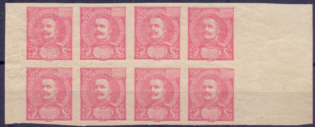 0628.jpg -     Lote:    628            Ultramar       Descrição:         Ultramar. 1895 &mdash; D. Carlos I Mouchon. Bloco com 8 provas não denteadas em vermelho, em papel liso amarelado, sem impressão do valor e da legenda. Desenho aprovado para as colónias.        PRV       Valor Base:     &euro; 25,00     Valor Venda:     &euro; 25,00     