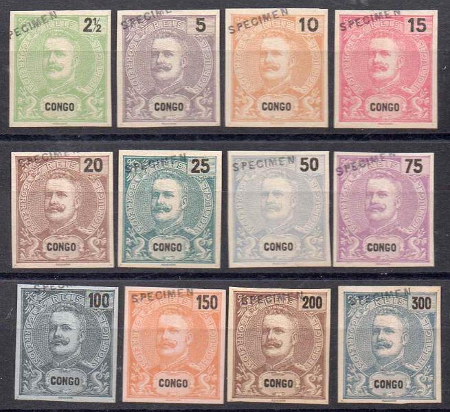 0634.jpg -     Lote:    634            Congo       Descrição:         1898 &mdash; D. Carlos I Mouchon. CE14/26. Série completa com os valores emitidos em 1898 (doze valores de 2 &frac12; a 300 reis). Provas de cor, não denteadas, em papel liso levemente pontinhado, em cores não aprovadas nos valores, com sobrecarga SPECIMEN a preto. MB e MR.        PRV       Valor Base:     &euro; 300,00     Valor Venda:     &euro; 400,00     