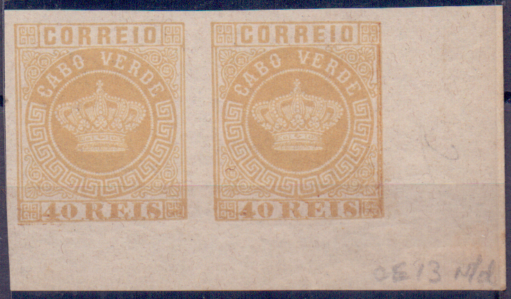 0636.jpg -     Lote:    636            Cabo Verde       Descrição:         1881/85 &mdash; Tipo Coroa. Novas cores. CE13, 40reis. Par horizontal de provas não denteadas, canto de folha.        PRV       Valor Base:     &euro; 5,00     Valor Venda:     Retirado     