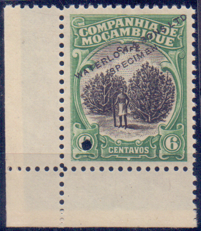 0644.jpg -     Lote:    644            Compabhia de Moçambique       Descrição:         192&frac12;3 &mdash; Motivos Locais. CE145, 6 C. Prova de cor em verde e preto com sobrecarga a preto "Waterlow & Sons, LTD / SPECIMEN" e furo de segurança.        PRV       Valor Base:     &euro; 10,00     Valor Venda:     &euro; 10,00     