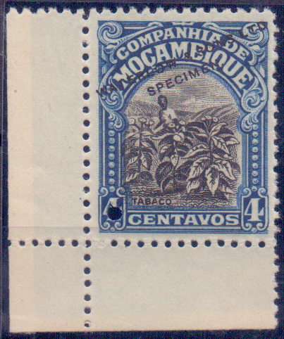 0645.jpg -     Lote:    645            Compabhia de Moçambique       Descrição:         192&frac12;3 &mdash; Motivos Locais. CE143, 4 C. Prova de cor em azul e preto com sobrecarga a preto "Waterlow & Sons, LTD / SPECIMEN" e furo de segurança.        PRV       Valor Base:     &euro; 10,00     Valor Venda:     &euro; 10,00     