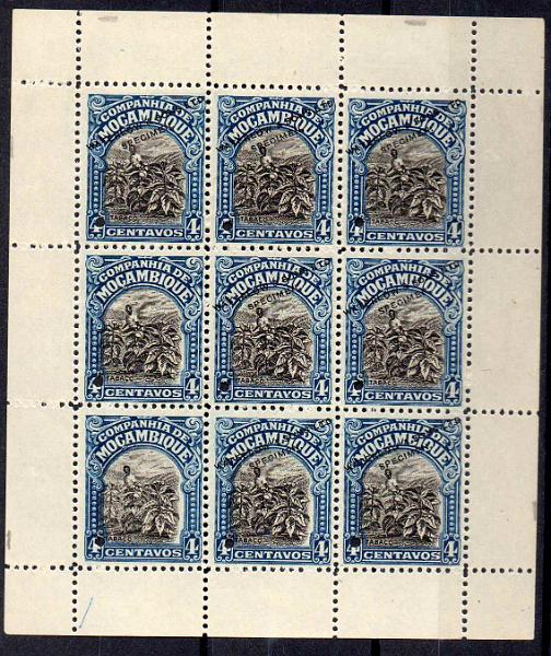 0646.jpg -     Lote:    646            Compabhia de Moçambique       Descrição:         192&frac12;3 &mdash; Motivos locais. Novos valores. CE143, 4C (Tabaco). Mini-folha de apresentação com 9 provas em azul e preto, com furo de segurança e sobrecarga a preto "WATERLOW & SONS, LTD / SPECIMEN".        PRV       Valor Base:     &euro; 40,00     Valor Venda:     &euro; 44,00     