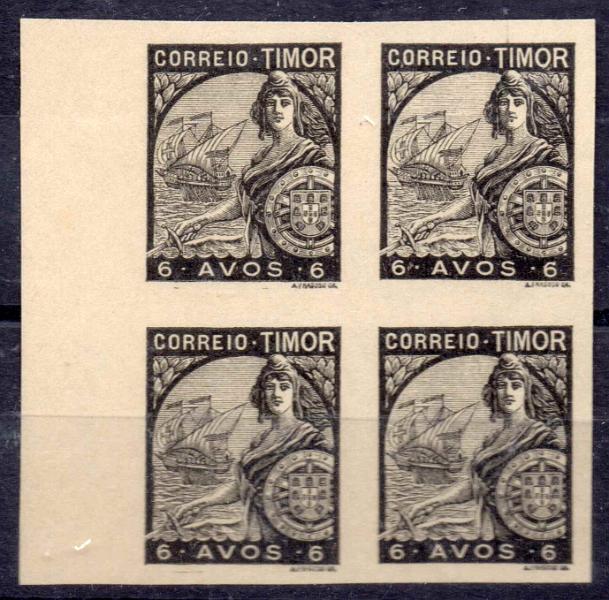 0655.jpg -     Lote:    655            Timor       Descrição:         1935 &mdash; Padrões. CE212, 6 reis. Quadra de provas em preto, não denteadas, bordo de folha. Cor não aprovada para esta taxa.        PRV       Valor Base:     &euro; 15,00     Valor Venda:     &euro; 22,00     