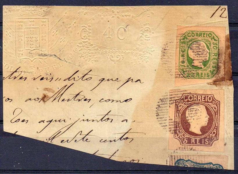 0657.jpg -     Lote:    657            Portugal       Descrição:         1855/56 &mdash; D. Pedro V. Cabelos lisos. CE 5 e 8, 5 e 50 reis sobre fragmento. Falsificações grosseiras com carimbos falsos.        FRG       Valor Base:     &euro; 45,00     Valor Venda:     &euro; 45,00     