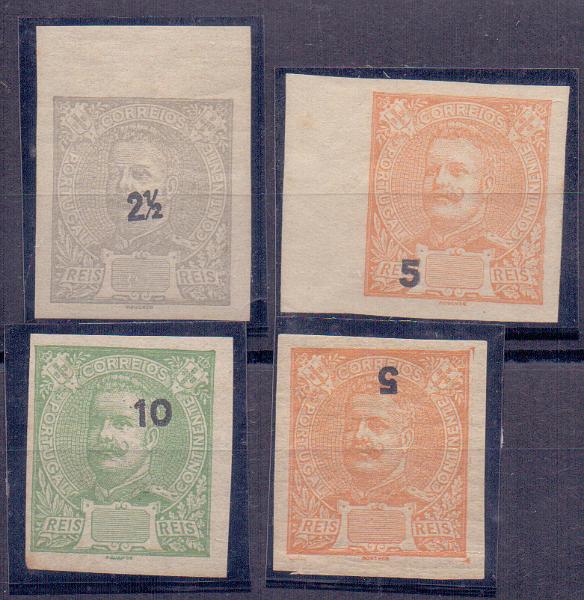 0661.jpg -     Lote:    661            Portugal       Descrição:         1895 &mdash; D. Carlos I Mouchon. Lote com selos não denteados: um de 2 &frac12; CE126 com o valor deslocado; dois de 5 reis CE 127, com valor deslocado e outro invertido e selo de 10 reis CE128, com valor deslocado.        ***/**       Valor Base:     &euro; 10,00     Valor Venda:     &euro; 14,00     