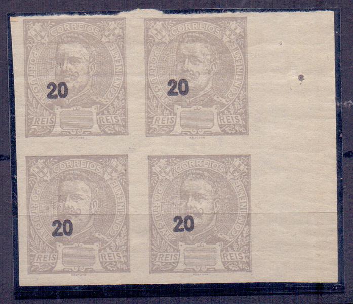 0663.jpg -     Lote:    663            Portugal       Descrição:         1895 &mdash; D. Carlos I Mouchon. CE130, 20 reis lilás claro. Quadra não denteada, com impressão deslocada do valor.        ***/**       Valor Base:     &euro; 12,00     Valor Venda:     Retirado     