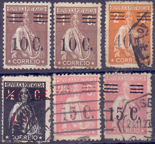 0666.jpg -     Lote:    666            Portugal       Descrição:         1928/29 &mdash; Ceres com sobretaxa. Lote de seis selos com sobretaxas falsas: 2x 10c s/ 1c CE455, 40c s/ 2c CE466, 10c s/ &frac12; c, CE454 e 2x15c s/ 25 c CE463.        O       Valor Base:     &euro; 10,00     Valor Venda:     &euro; 14,00     