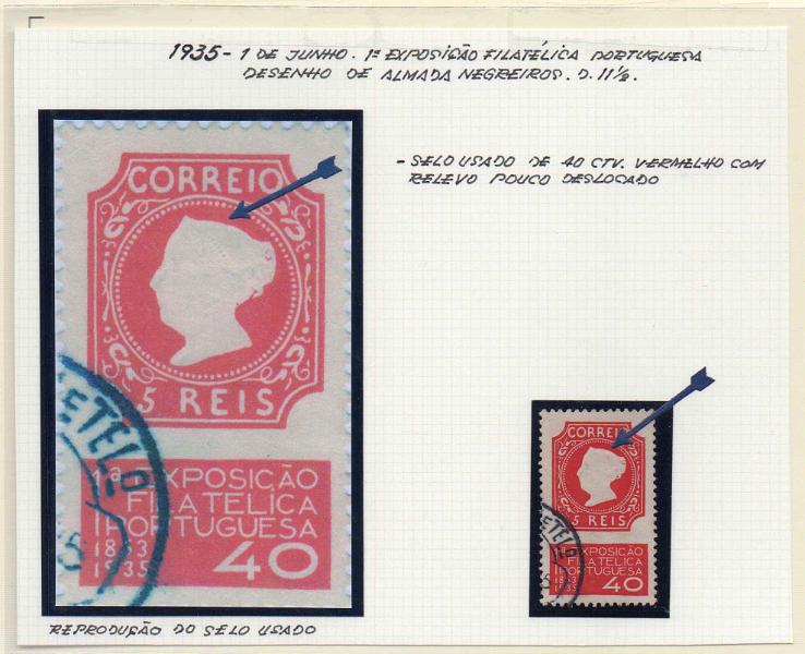 0670.jpg -     Lote:    670            Portugal       Descrição:         1935 &mdash; 1.ª Exposição Filatélica Portuguesa. CE564, 40(c) vermelho. Selo com a impressão do relevo deslocada.        O       Valor Base:     &euro; 10,00     Valor Venda:     Retirado     