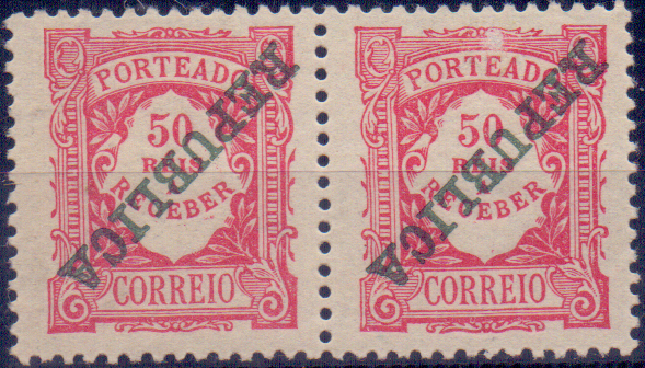 0684.jpg -     Lote:    684            Portugal       Descrição:         1911 &mdash; Porteado. Emissão regular, com sobrecarga REPUBLICA. Par de 50 reis CE POR 19, com a sobrecarga invertida.        ***       Valor Base:     &euro; 30,00     Valor Venda:     &euro; 55,00     
