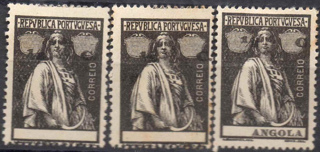 0694.jpg -     Lote:    694            Angola       Descrição:         1914 &mdash; Ceres. CE143, &frac12; c, denteado 15x14. Lote de 3 selos com a taxa e legenda muito deslocadas.        **       Valor Base:     &euro; 12,00     Valor Venda:     &euro; 18,00     