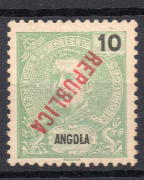 0695.jpg -     Lote:    695            Angola       Descrição:         1914 &mdash; S. Carlos I Mouchon, com sobrecarga REPUBLICA tipografada localmente. CE158, 10 reis verde. Selo com a sobrecarga invertida.        *       Valor Base:     &euro; 6,00     Valor Venda:     Retirado     