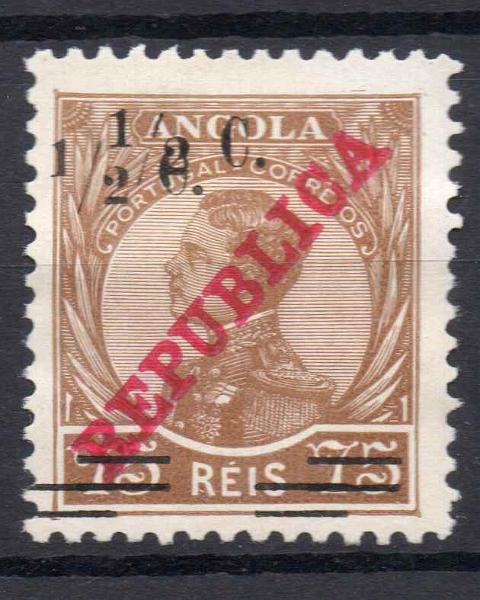 0696.jpg -     Lote:    696            Angola       Descrição:         1919 &mdash; D. Manuel II, com sobrecarga REPUBLICA da Casa da Moeda e sobretaxa local. CE190, &frac12; c s/ 75 reis. Selo com dupla sobretaxa.. Valor de catálogo &euro; 35,00.        *       Valor Base:     &euro; 12,00     Valor Venda:     Retirado     