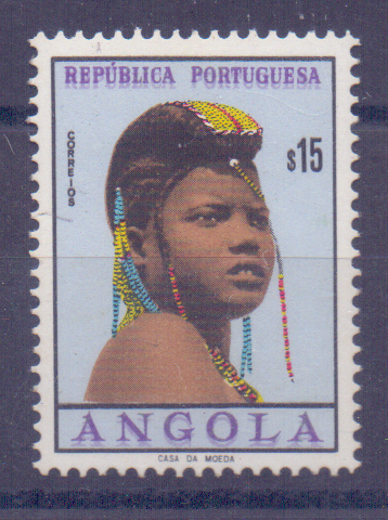 0697.jpg -     Lote:    697            Angola       Descrição:         1961 &mdash; Tipos Femininos. CE413, $15. Selo com dupla impressão da cor violeta das legendas.        ***       Valor Base:     &euro; 10,00     Valor Venda:     &euro; 14,00     
