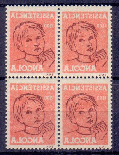0699.jpg -     Lote:    699            Angola       Descrição:         1965 &mdash; Imposto Postal. Assistência. CE IP20A, 1$00. Quadra com impressão no verso por decalque.        ***       Valor Base:     &euro; 10,00     Valor Venda:     &euro; 10,00     
