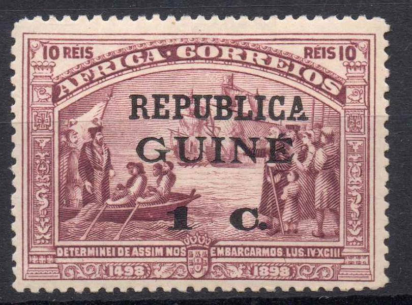 0708.jpg -     Lote:    708            Guiné       Descrição:         1913 - 4.º Centenário do descobrimento do caminho marítimo para a Índia, com sobrecargas e sobretaxa, sobre selos de África. CE115, 1c s/ 10 reis. Selo com o "A" de REPUBLICA, partido. Variedade não catalogada.        **       Valor Base:     &euro; 6,00     Valor Venda:     &euro; 6,00     