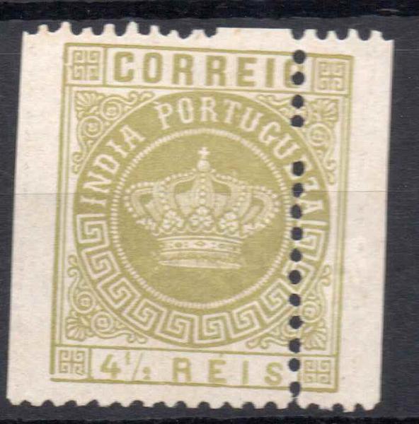0716.jpg -     Lote:    716            Índia       Descrição:         1882 &mdash; Tipo Coroa. Valores em moeda local. CE116, 4 &frac12; reis em bistre. Selo com denteado deslocado.        *       Valor Base:     &euro; 12,00     Valor Venda:     Retirado     