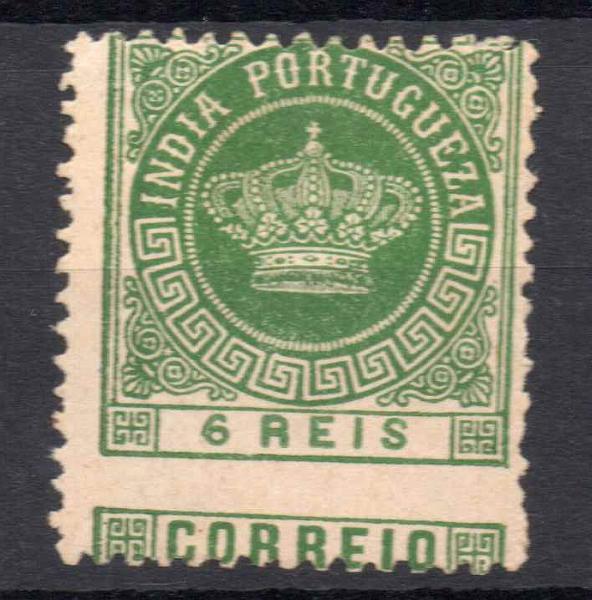 0719.jpg -     Lote:    719            Índia       Descrição:         1882 &mdash; Tipo Coroa. Valores em moeda local. CE117, 6 reis em verde, denteado 12 &frac12;. Selo com denteado deslocado.        *       Valor Base:     &euro; 10,00     Valor Venda:     Retirado     