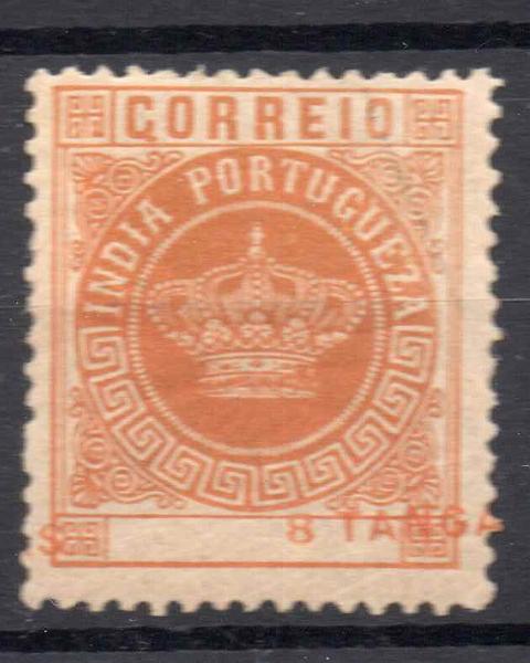 0721.jpg -     Lote:    721            Índia       Descrição:         1882 &mdash; Tipo Coroa. Valores em moeda local. CE121, 8 Tangas em laranja, denteado 12 &frac12;. Selo com impressão deslocada da taxa.        **       Valor Base:     &euro; 10,00     Valor Venda:     Retirado     
