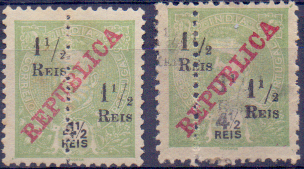 0726.jpg -     Lote:    726            Índia       Descrição:         1911/13, D. Carlos I, perfurado ao meio com sobrecarga REPUBLICA da Casa da Moeda e sobretaxa. CE243, 1 &frac12; reis s/ 4 &frac12; reis. Dois selos: um com a perfuração deslocada e outro com dupla sobretaxa.        **/*       Valor Base:     &euro; 8,00     Valor Venda:     Retirado     