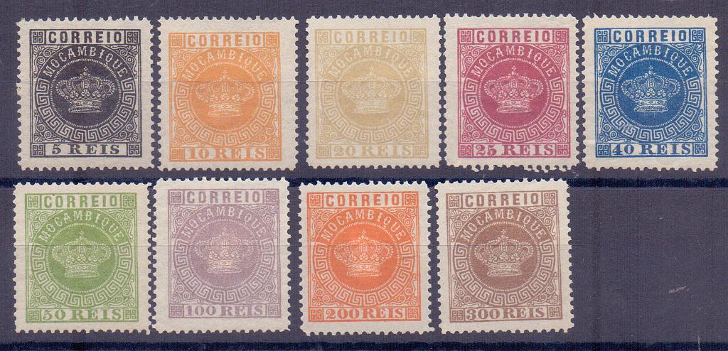 0736.jpg -     Lote:    736            Moçambique       Descrição:         1876 &mdash; Tipo Coroa. FALSOS FOURNIER. CE 1/9. Série completa.        **       Valor Base:     &euro; 20,00     Valor Venda:     &euro; 34,00     