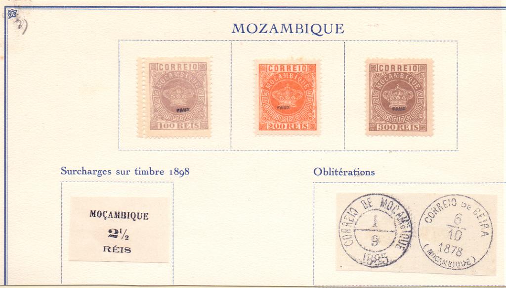 0737.jpg -     Lote:    737            Moçambique       Descrição:         1876/85 &mdash; Tipo Coroa. FALSOS FOURNIER. CE 1/14. Série incompleta (falta 20 reis da 2.ª emissão), com sobrecarga "FAUX", em folha extraída do álbum de falsificações Fournier, com reprodução da sobrecarga dos selos CE51 e dos carimbos utilizados nas obliterações.        **       Valor Base:     &euro; 35,00     Valor Venda:     Retirado     