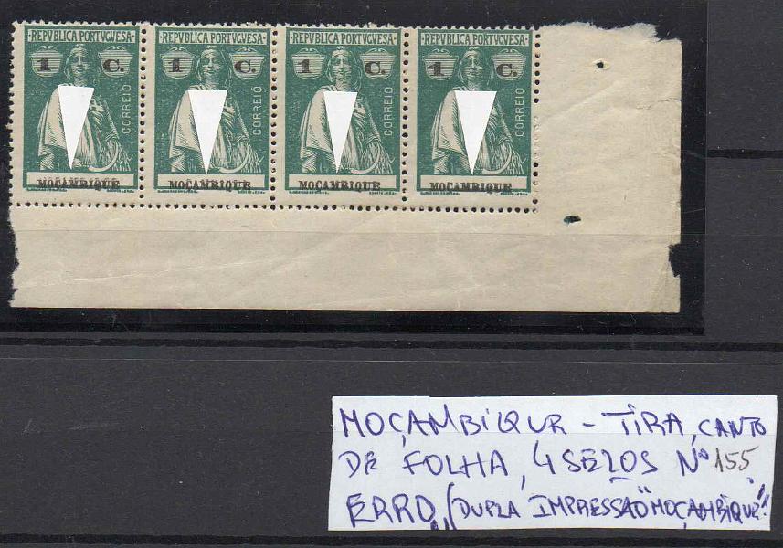 0740.jpg -     Lote:    740            Moçambique       Descrição:         1914 &mdash; Ceres. CE155, 1c verde, denteado 15x14, papel pontinhado. Tira de 4 selos, canto de folha, com dupla impressão da legenda "MOÇAMBIQUE". Não catalogada neste denteado.        ***       Valor Base:     &euro; 25,00     Valor Venda:     Retirado     