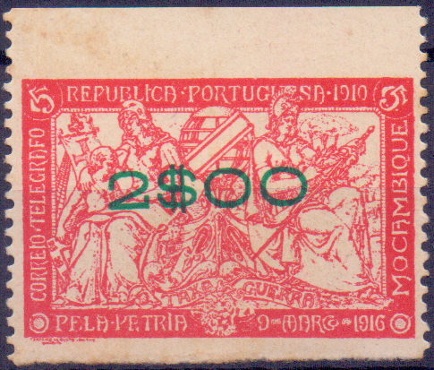0744.jpg -     Lote:    744            Moçambique       Descrição:         192&frac12;2 &mdash; Taxa de Guerra c/ sobretaxa. CE237, 2$00 s/ 5c. Selo com falta de denteado horizontal.        ***       Valor Base:     &euro; 8,00     Valor Venda:     &euro; 16,00     