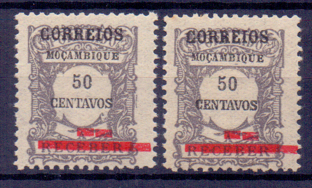0745.jpg -     Lote:    745            Moçambique       Descrição:         1929 &mdash; Selos de Porteado, com sobrecarga. CE260, 50c. Dois selos com barras dupla. Valor de catálogo &euro;48,00.        **       Valor Base:     &euro; 12,00     Valor Venda:     &euro; 12,00     