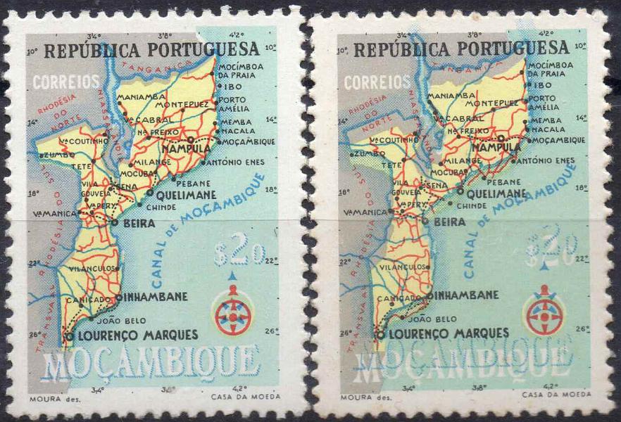 0746.jpg -     Lote:    746            Moçambique       Descrição:         1954 &mdash; Mapa de Moçambique. CE413, $20. Selo com deslocação da cor azul. Acompanha selo normal para comparação.        ***       Valor Base:     &euro; 5,00     Valor Venda:     &euro; 6,00     