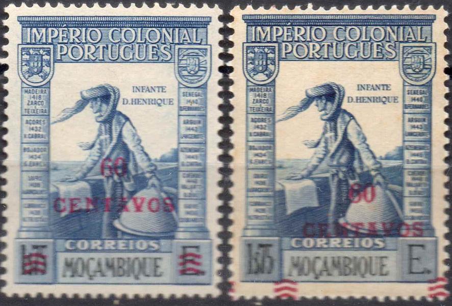 0747.jpg -     Lote:    747            Moçambique       Descrição:         1946 &mdash; Império Colonial Português, com sobretaxa. CE317, 60c s/ 1$75. Selo com a sobrecarga deslocada. Acompanha selo normal para comparação.        ***       Valor Base:     &euro; 6,00     Valor Venda:     Retirado     