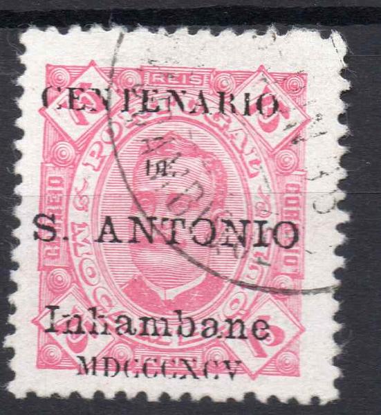 0754.jpg -     Lote:    754            Inhambane       Descrição:         1895 &mdash; Selos de D. Carlos I tipo Diogo Neto com sobrecarga do Centenário de St.º António. CE11, 75 reis carmim. Selo com sobrecarga FALSA.        O       Valor Base:     &euro; 8,00     Valor Venda:     &euro; 34,00     