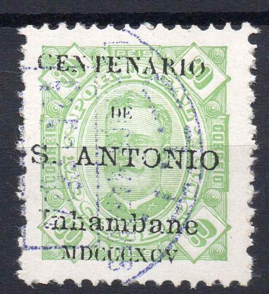 0755.jpg -     Lote:    755            Inhambane       Descrição:         1895 &mdash; Selos de D. Carlos I tipo Diogo Neto com sobrecarga do Centenário de St.º António. CE12, 80 reis verde. Selo com sobrecarga FALSA.        O       Valor Base:     &euro; 8,00     Valor Venda:     &euro; 34,00     