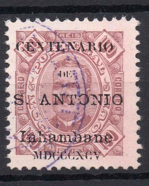 0756.jpg -     Lote:    756            Inhambane       Descrição:         1895 &mdash; Selos de D. Carlos I tipo Diogo Neto com sobrecarga do Centenário de St.º António. CE113, 100 reis castanho. Selo com sobrecarga FALSA.        O       Valor Base:     &euro; 8,00     Valor Venda:     &euro; 34,00     