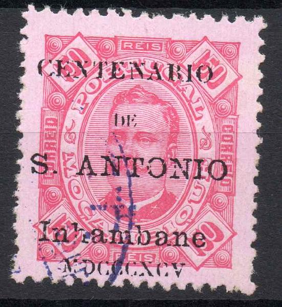 0757.jpg -     Lote:    757            Inhambane       Descrição:         1895 &mdash; Selos de D. Carlos I tipo Diogo Neto com sobrecarga do Centenário de St.º António. CE14, 150 reis vermelho s/ rosa. Selo com sobrecarga FALSA.        O       Valor Base:     &euro; 8,00     Valor Venda:     &euro; 34,00     