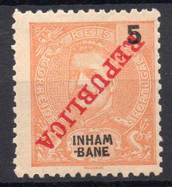 0758.jpg -     Lote:    758            Inhambane       Descrição:         1911 &mdash; D. Carlos I Mouchon, com sobrecarga REPUBLICA da Casa da Moeda. CE33, 5 reis amarelo. Selo com a sobrecarga invertida.        *       Valor Base:     &euro; 8,00     Valor Venda:     Retirado     
