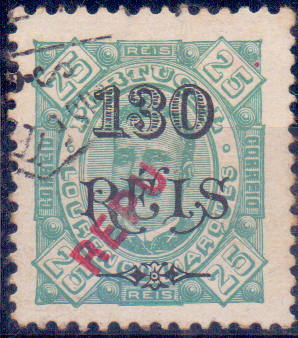 0760.jpg -     Lote:    760            Lourenço Marques       Descrição:         1914 &mdash; D. Carlos I, com sobrecarga REPUBLICA local. CE136, 130/25 reis. Selo com impressão parcial da sobrecarga.        O       Valor Base:     &euro; 8,00     Valor Venda:     &euro; 9,00     